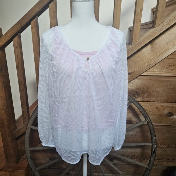 Michael Kors White Textured Blouse With Pink Tank Top. - Picture 1 of 9